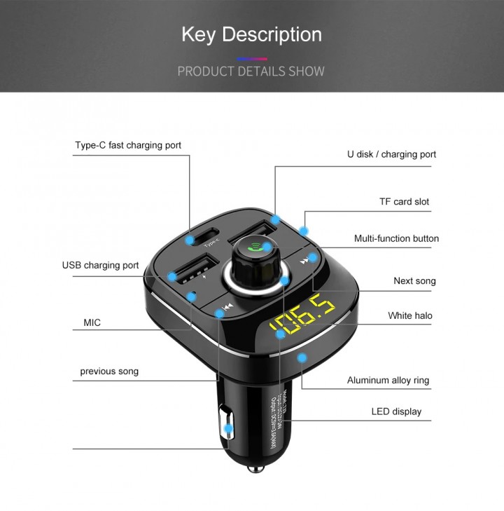 Tokuniku T19 Dual USB and TypeC Port Charger Handsfree Bluetooth FM