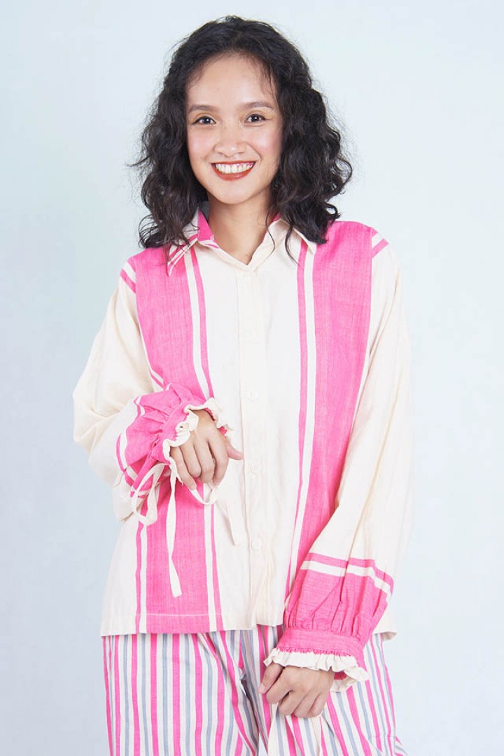 Lemari Lila - Kemeja Lego/ Tenun Pink-Krem Garis