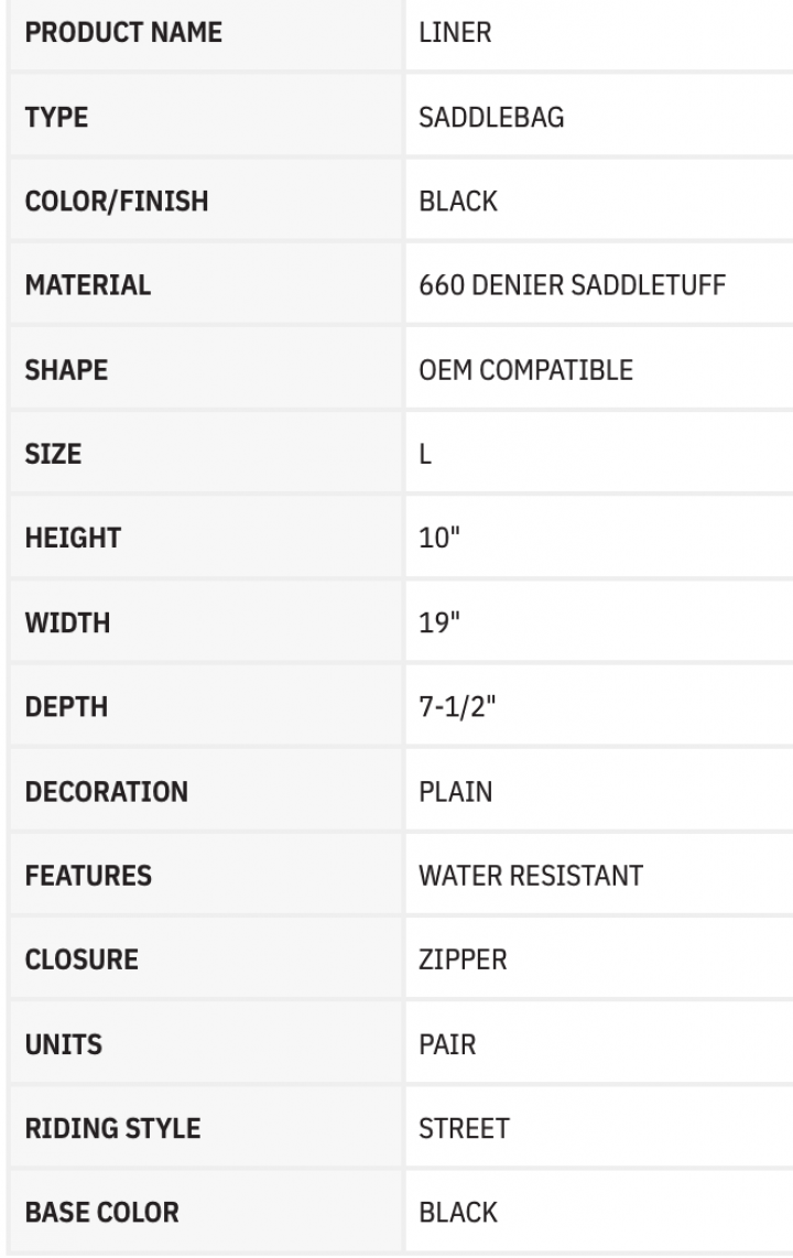 Budung Cycles SADDLEMEN SADDLEBAG LINER SIZE L HARLEY TOURING 2014