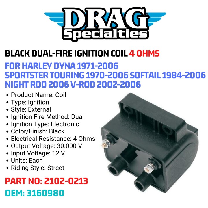 Budung Cycles DRAG SPECIALTIES BLACK DUALFIRE IGNITION COIL 4 OHMS