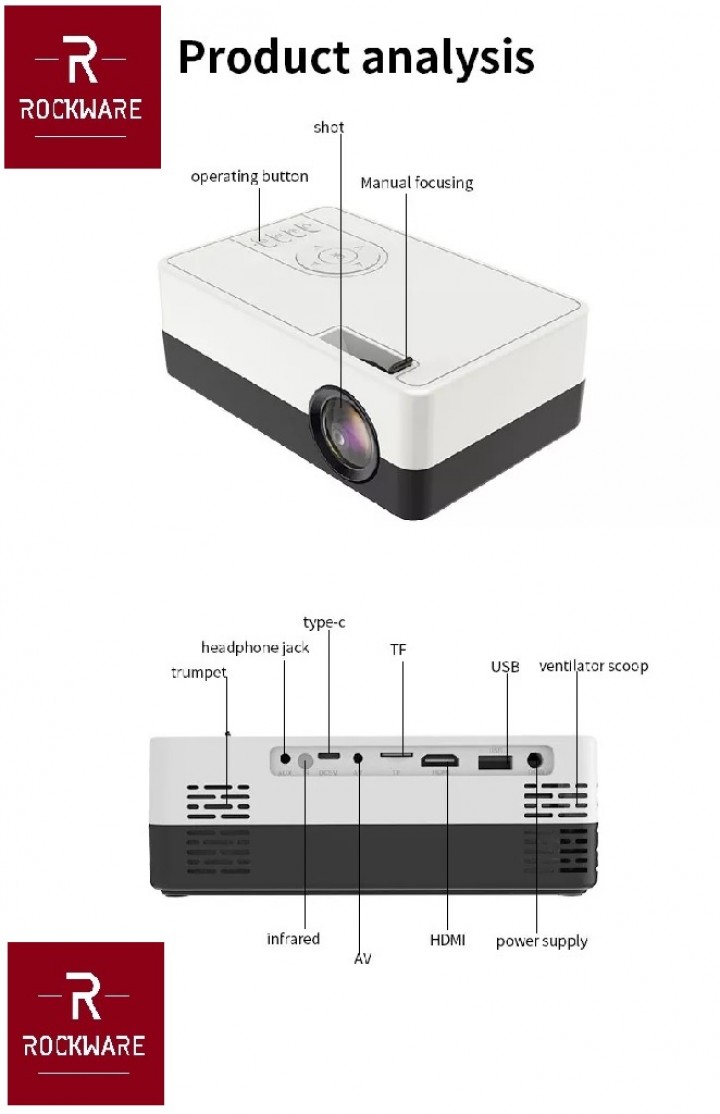Tokuniku ROCKWARE J15 BASIC Version Mini Projector 50 ANSI Lumens