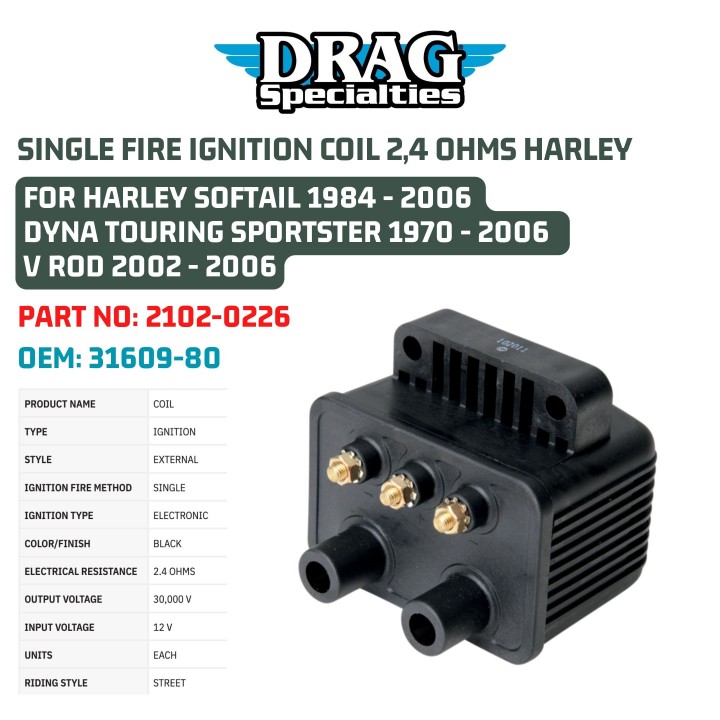 Jack 13 motor SINGLE FIRE IGNITION COIL 2,4 OHMS HARLEY FOR HARLEY SOFTAIL 1984 2006 DYNA