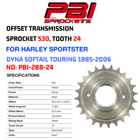PBI .5" Offset 24 Tooth Sprocket for 1986-06 5 Speed Harley-Davidson 283-24 PBI .5" Offset 24 Tooth Sprocket for 1986-06 5 Speed Harley-Davidson 283-24