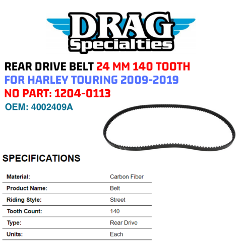 Drag Specialties 1204-0113 140 Tooth 24MM Rear Drive Belt Road King Electra Glid Drag Specialties 1204-0113 140 Tooth 24MM Rear Drive Belt Road King Electra Glid