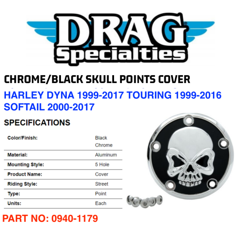 Drag Specialties Black & Chrome Skull Points Cover For Harley-Davidson Twin Cam